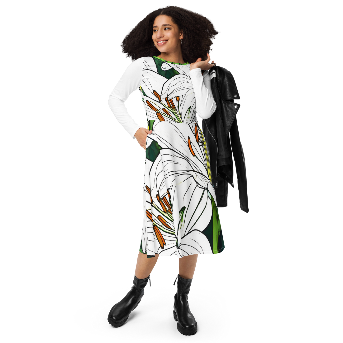 All-over print long sleeve midi dress_White Lily