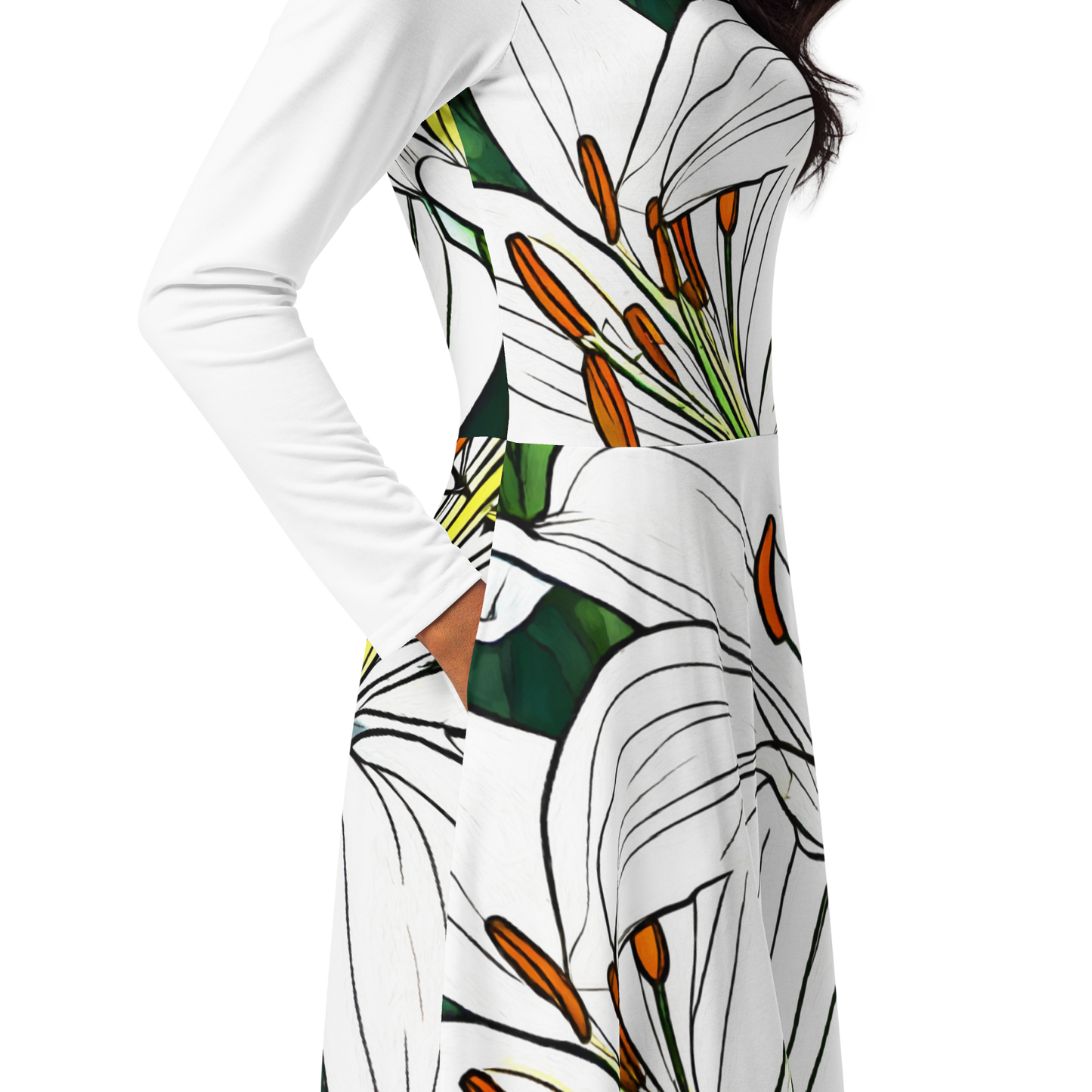 All-over print long sleeve midi dress_White Lily