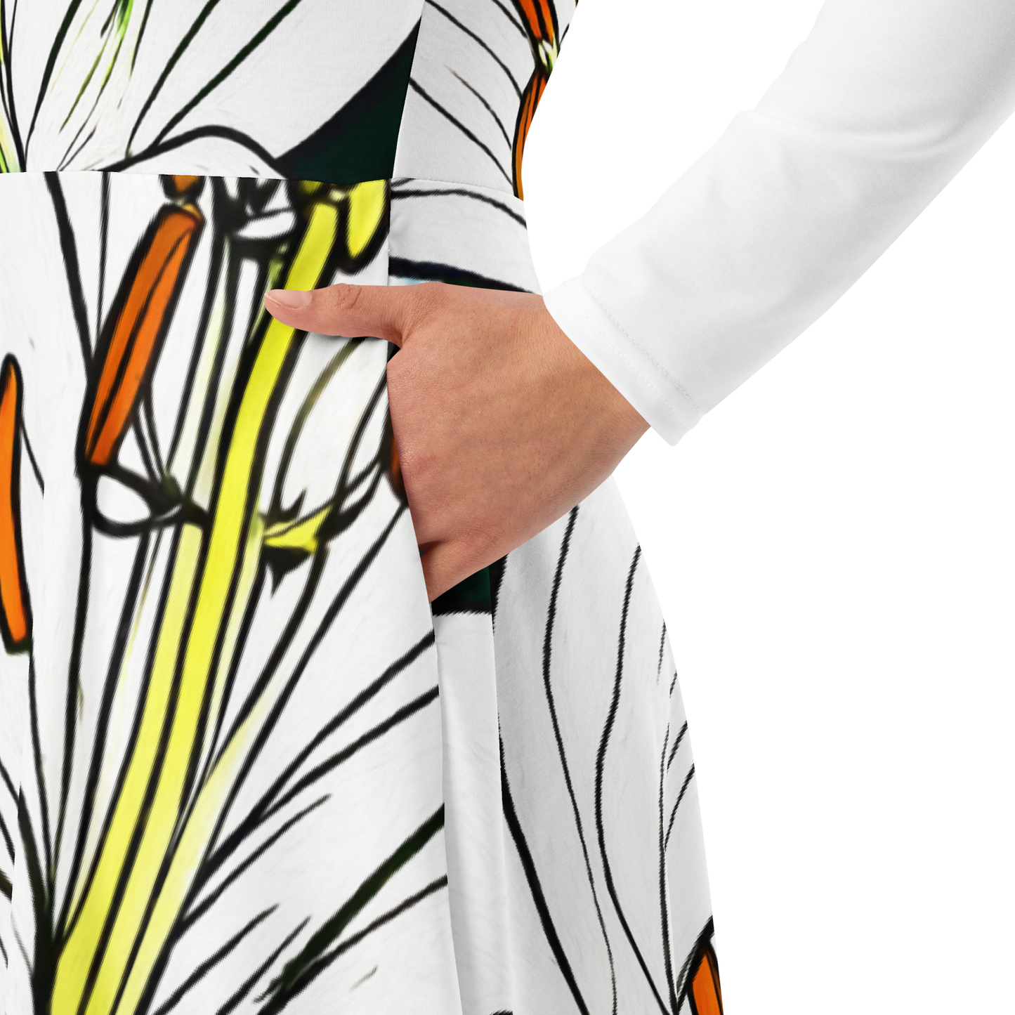 All-over print long sleeve midi dress_White Lily