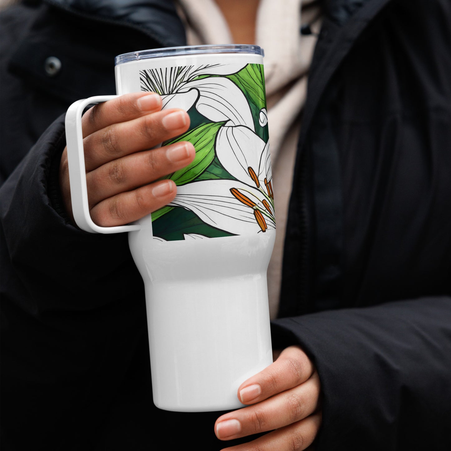 Travel mug with a handle_White Lily