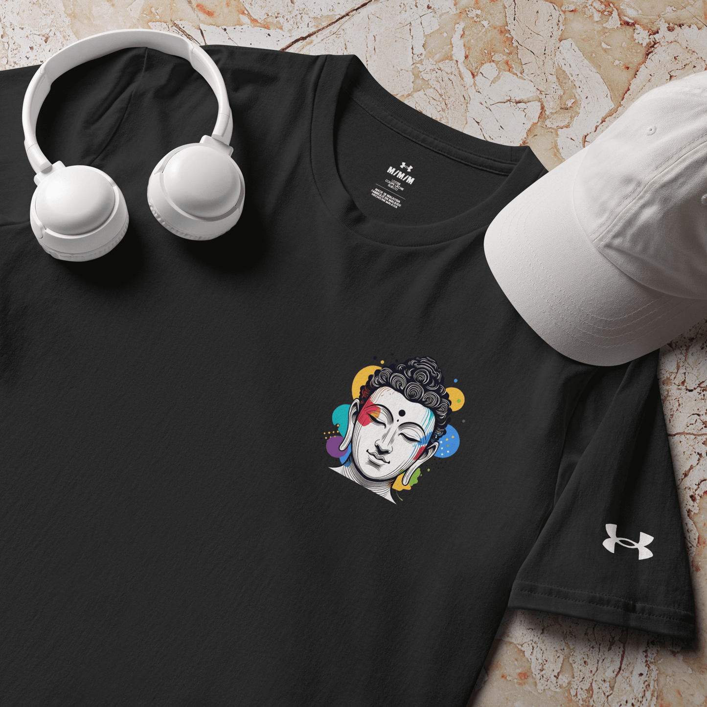 Under Armour t-shirt with Buddha graphic, headphones, and cap, perfect for mindful workouts and meditation.
