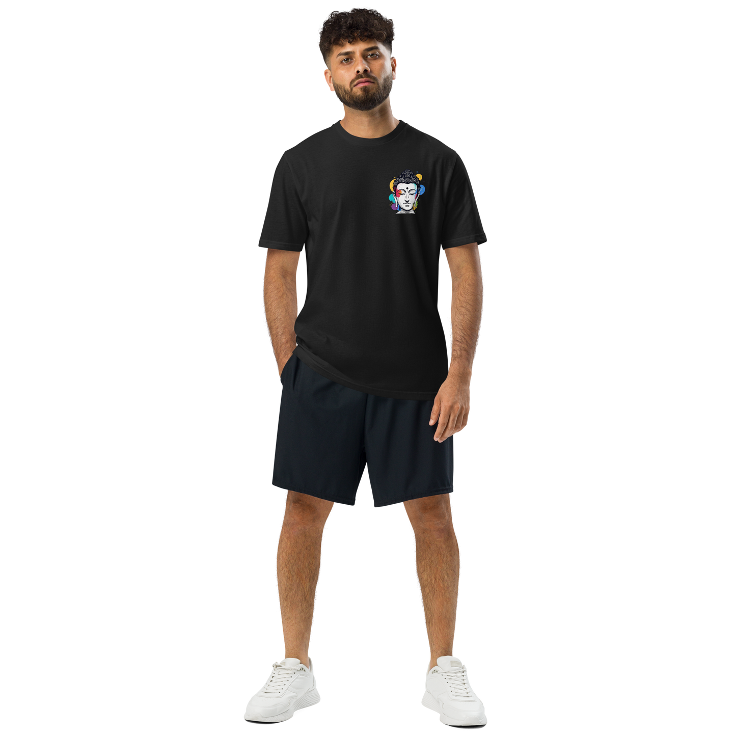 Under Armour athletic t-shirt Contemplation on a model, embodying mindfulness and zen for workouts.