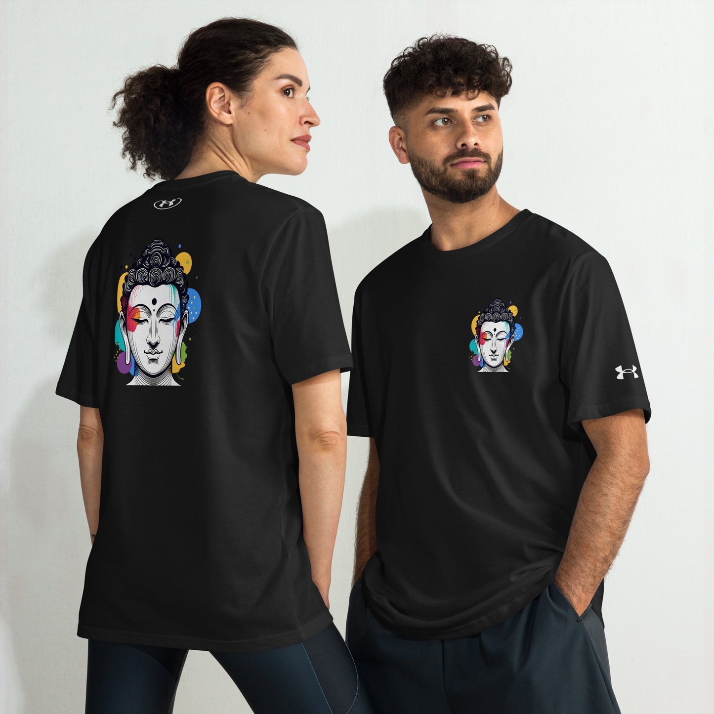 Under Armour athletic t-shirt featuring colorful Buddha design, promoting mindfulness, yoga, and meditation.