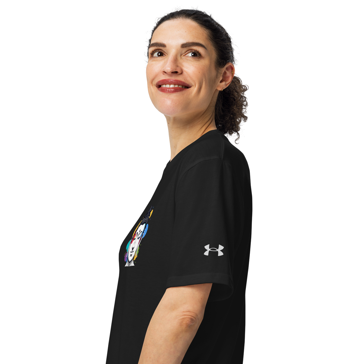 Woman smiling in black Under Armour t-shirt featuring unique design, promoting mindfulness and comfort.