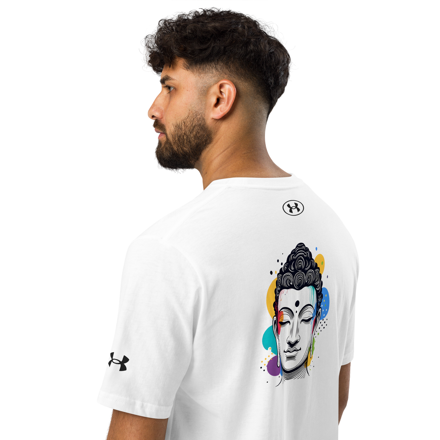 Man wearing Under Armour t-shirt featuring a colorful Buddha design, promoting mindfulness and meditation.