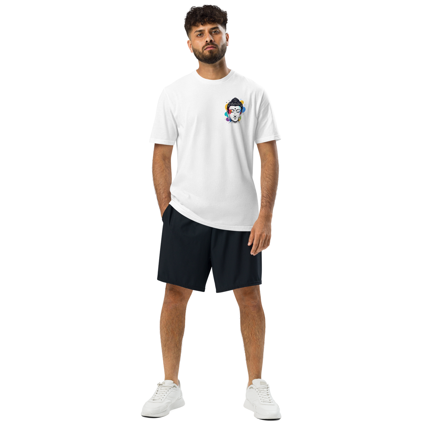 White Under Armour t-shirt featuring a vibrant meditation graphic, perfect for workouts and mindfulness.