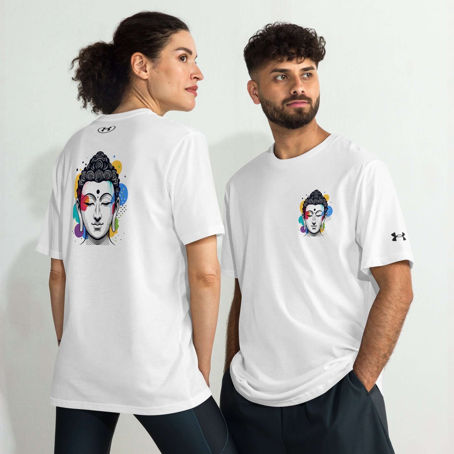 Under Armour athletic t-shirts featuring colorful Buddha graphic, embodying mindfulness and zen for yoga and meditation.