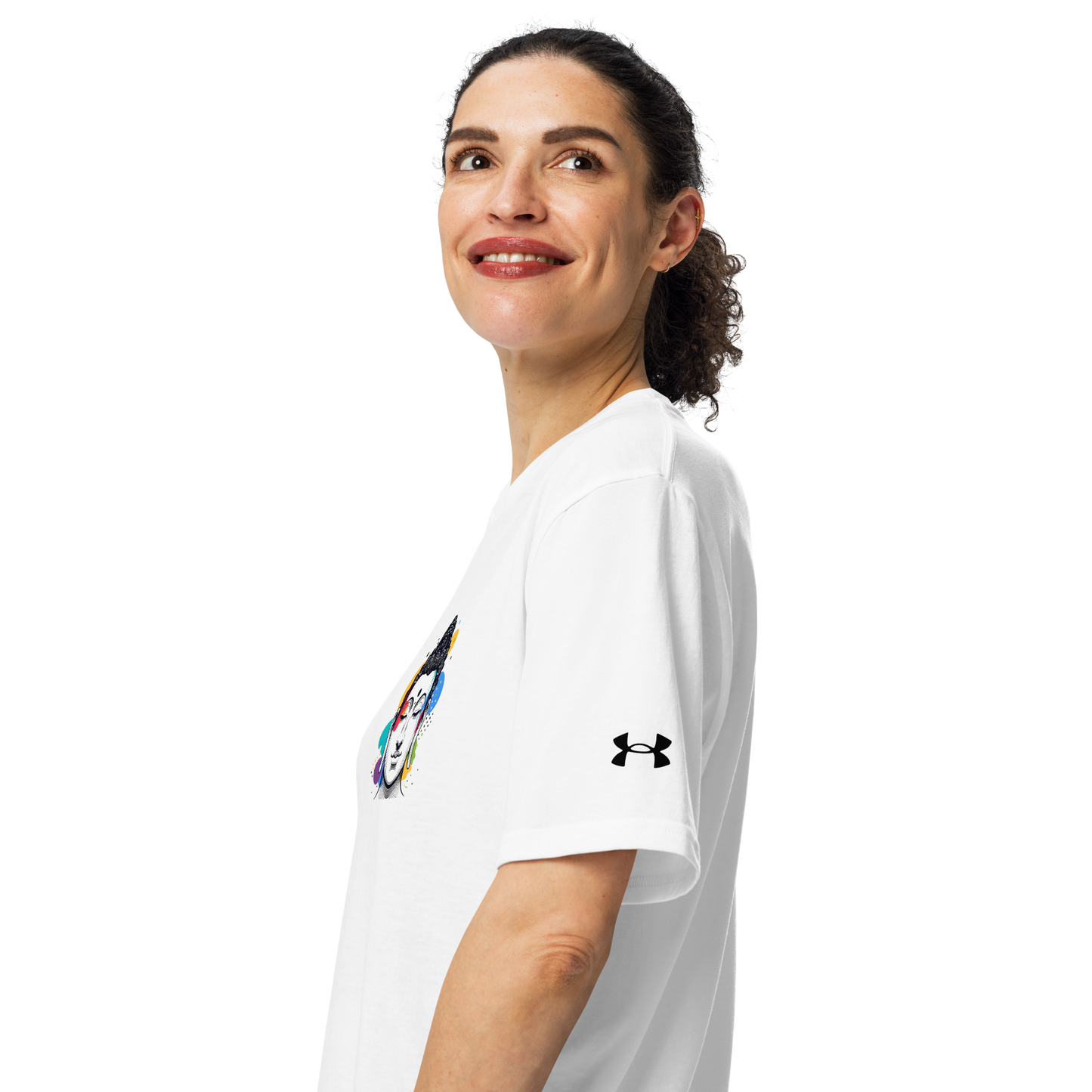Woman wearing Under Armour athletic t-shirt, smiling side view, showcasing style and comfort for mindfulness and workouts.