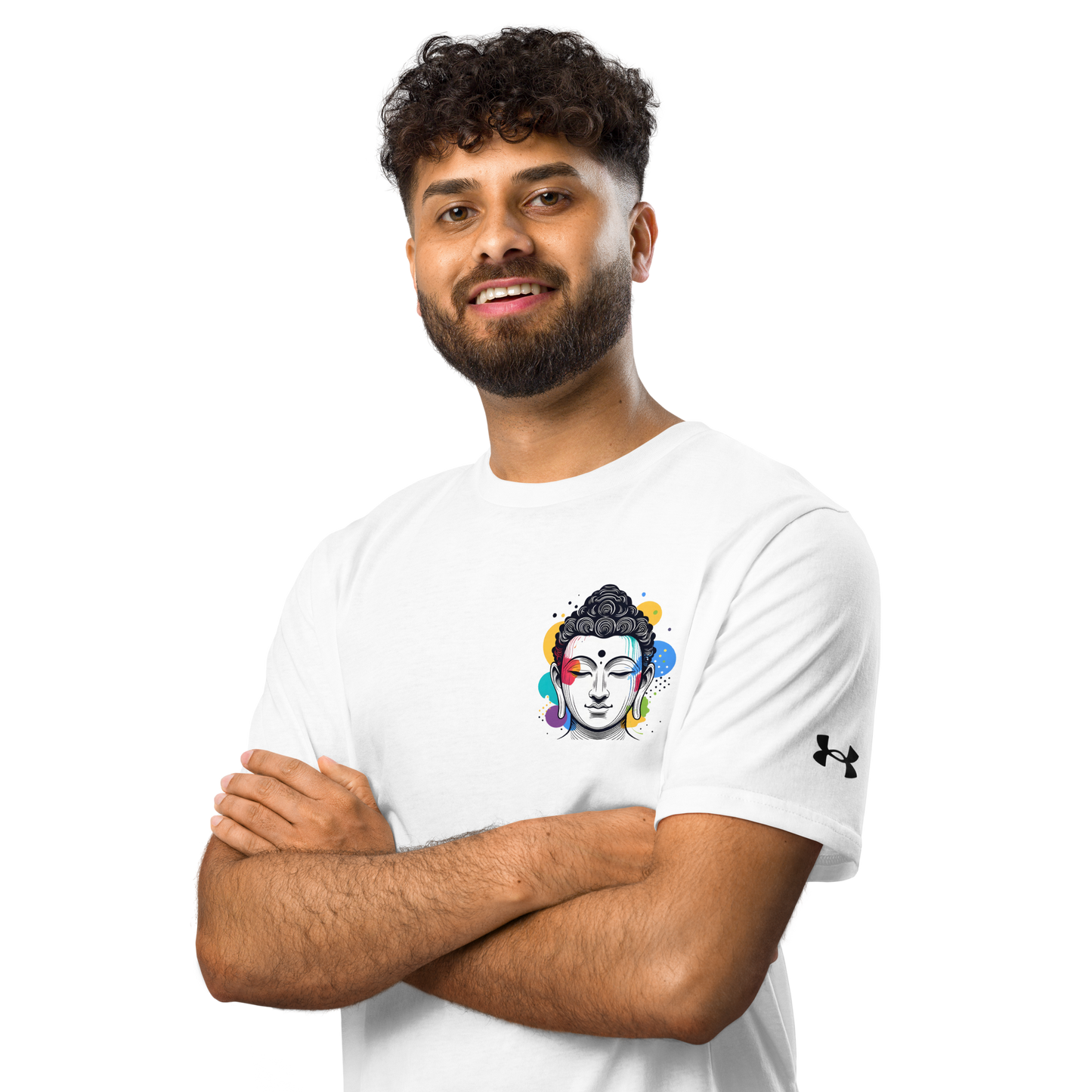 Smiling man wearing Under Armour t-shirt featuring a colorful Buddha design, embodying mindfulness and zen.