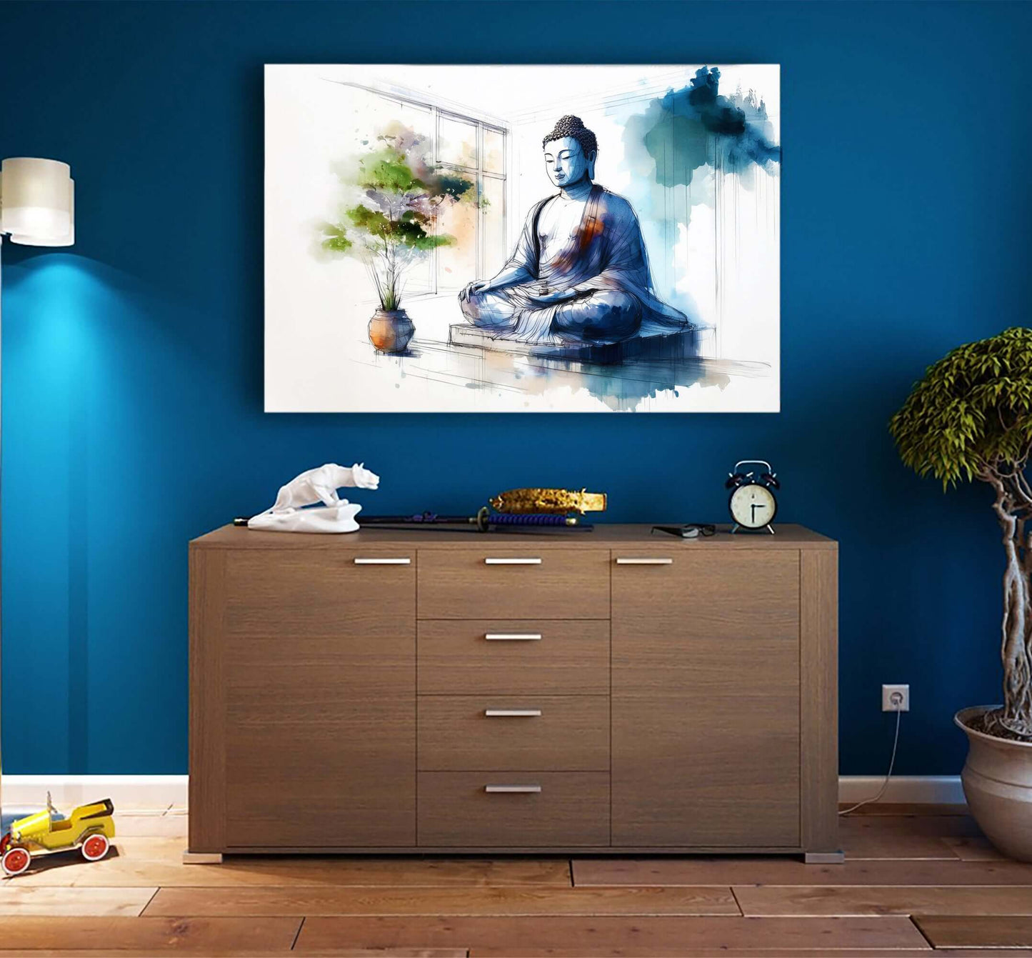 Buddha meditation artwork in soft blue and warm orange, promoting mindfulness and zen in a serene indoor space.