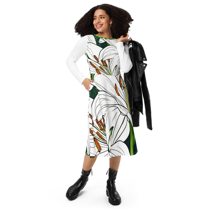 All-over print long sleeve midi dress_White Lily