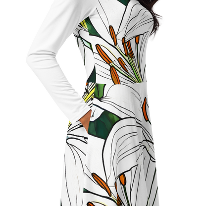 All-over print long sleeve midi dress_White Lily