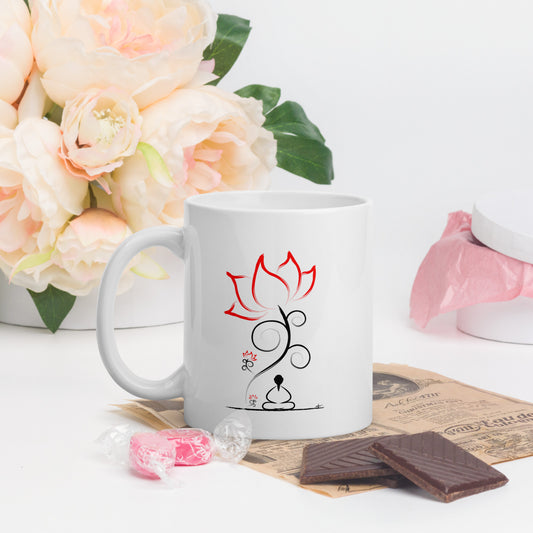 White glossy mug_“Meditation under a lotus”